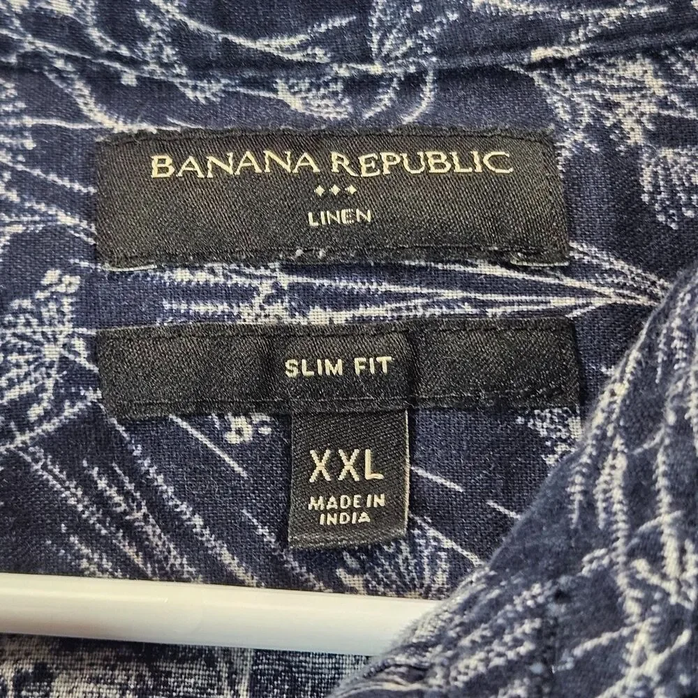 Banana Republic Mens Shirt 2XL Blue Floral Linen Blend Slim Fit Camp Resort